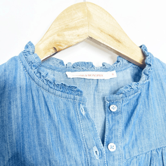 LES ESSENTIELS DE MONOPRIX Chambray long sleeve ruffle dress blue Girls 8 - Picture 4 of 7